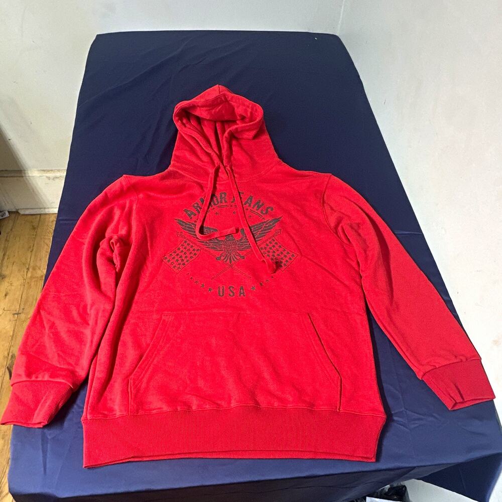 Armor Jeans Red Pullover Hoodie Men's USA Graphic Kangaroo Pocket (Size L)